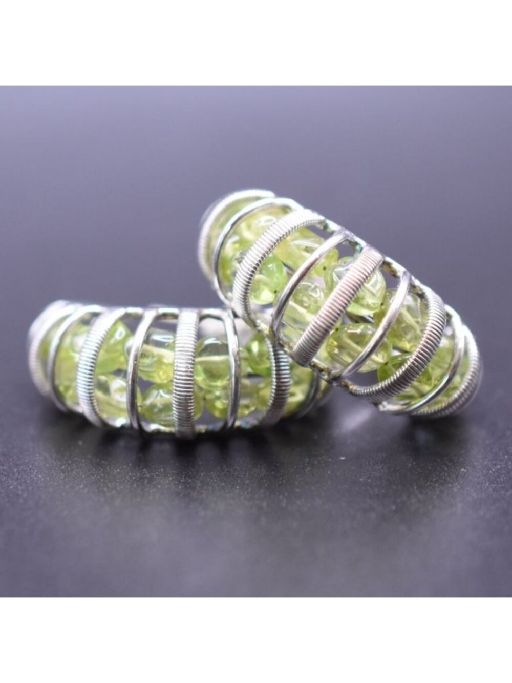 Green Glass Bead & Silver Cage Hoop Earrings - Vintage Style Lightweight 1-Inch